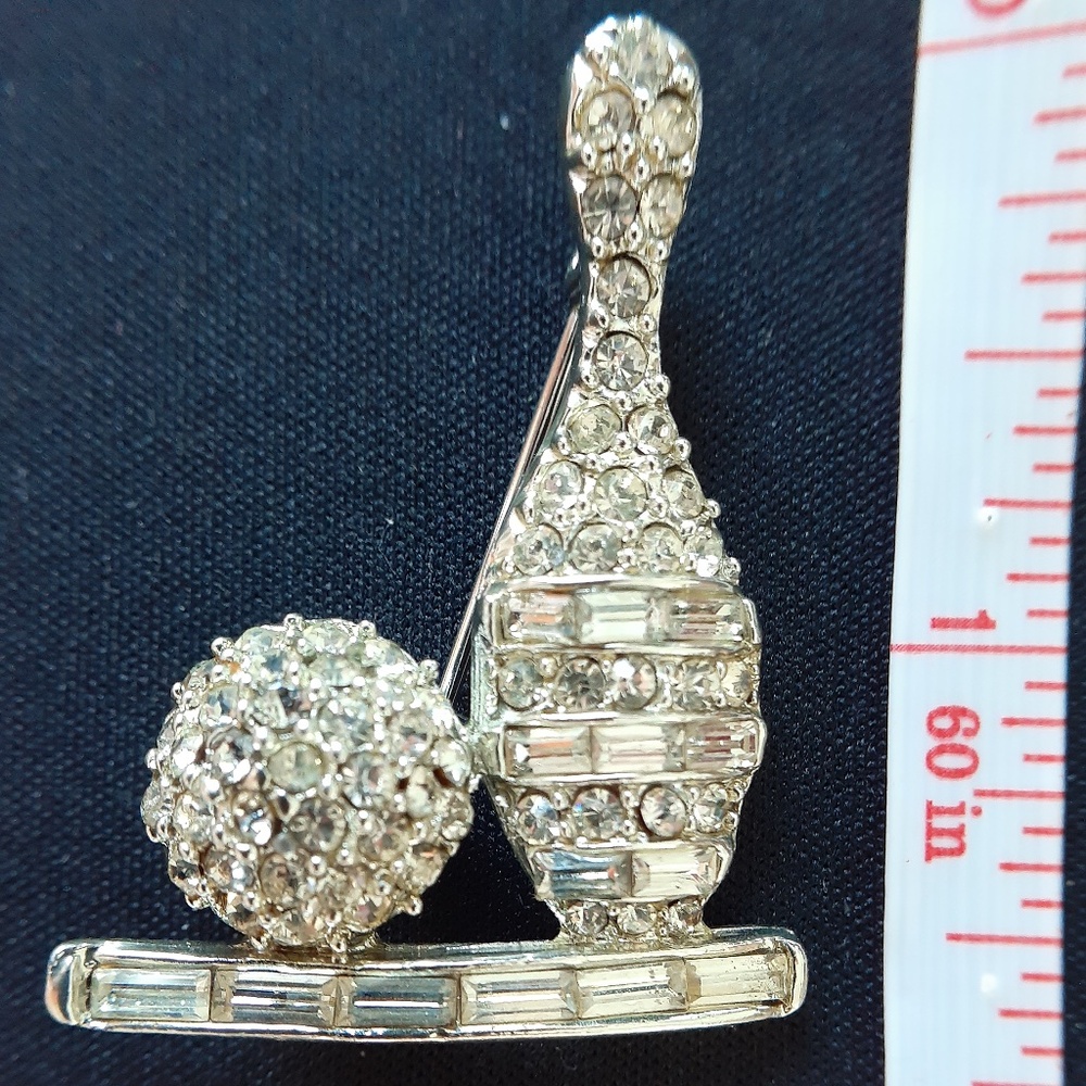 True Vintage Antique Crystal Bowling Pin and Ball Brooch